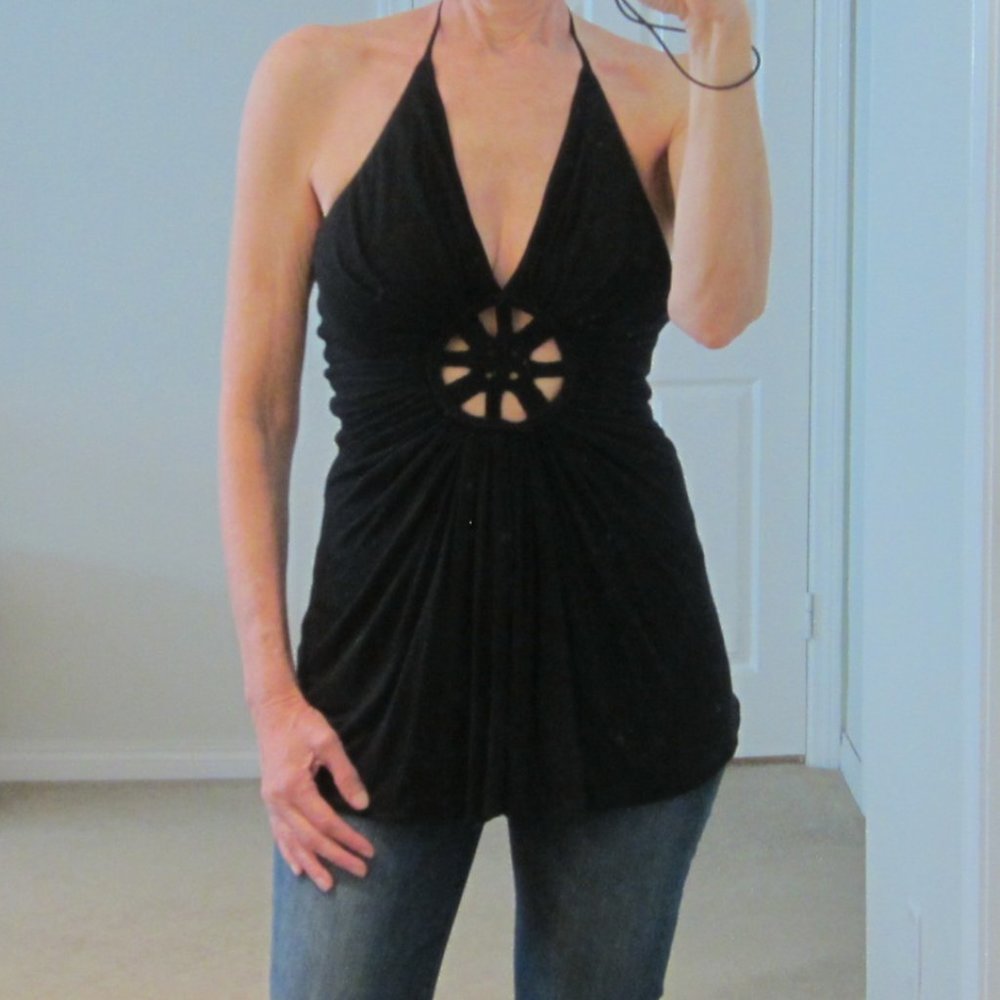 Sky Black Halter Top w/ Macramé Cut-Out